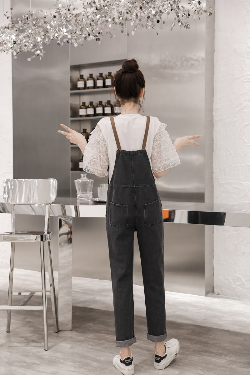 实拍牛仔裤背带裤秋季烟灰色百搭显高显瘦减龄吊带裤连体裤女士裤