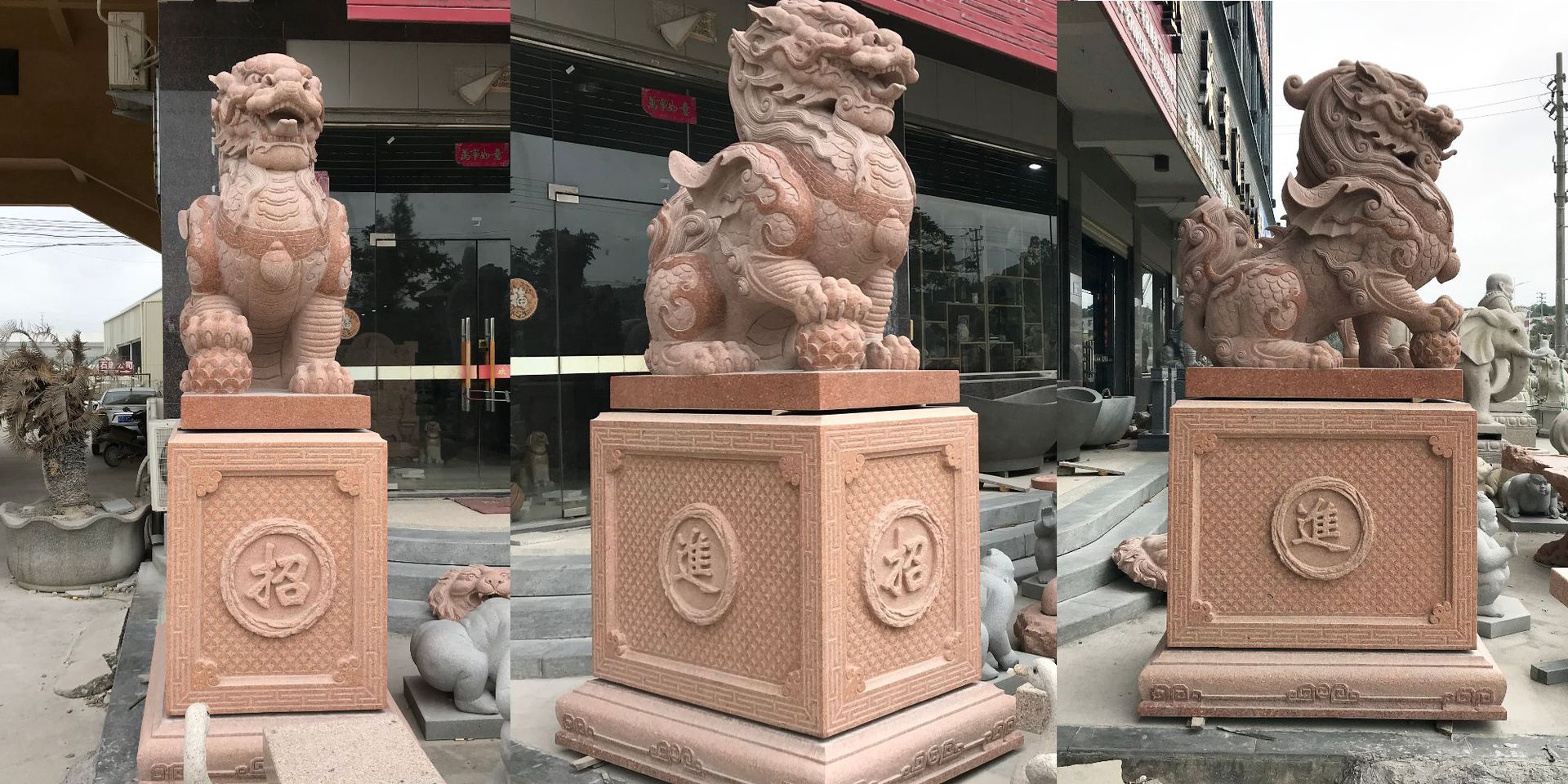 芝麻白花岗岩石雕麒麟摆件一对 中式风格神兽雕刻品 户外摆放
