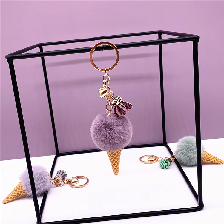 Ice Cream Keychain Lovely Bag Cartoon Plush Pendant Cone Car Key Chain Fur Ball Creative Gift
