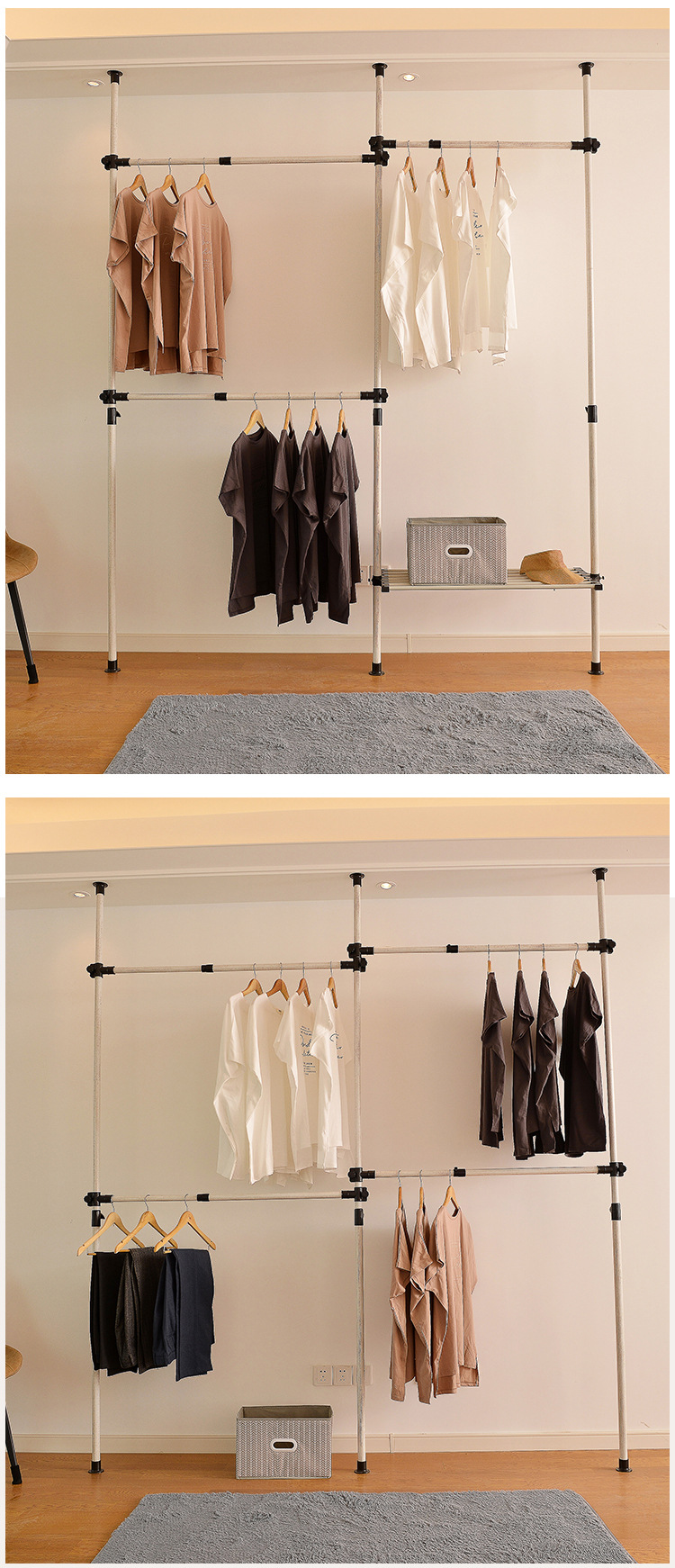 顶天立地双杆晾衣架免打孔落地折叠室内卧室简易挂衣架阳台伸缩杆