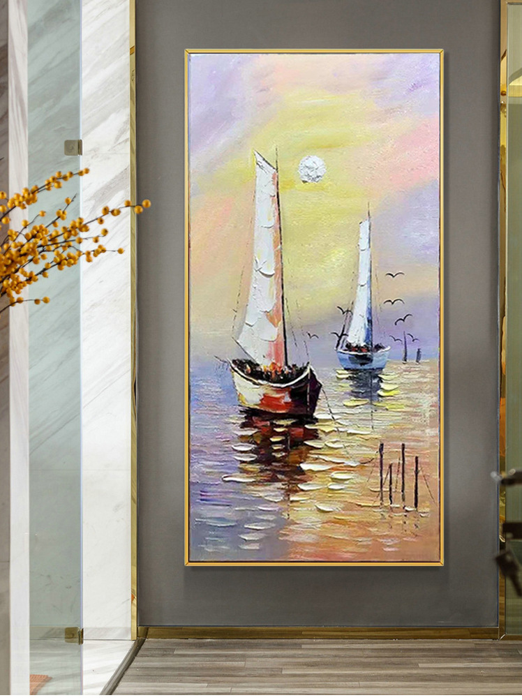玄关油画走廊手绘装饰画海景日出帆船壁画轻奢墙画现代简约大气