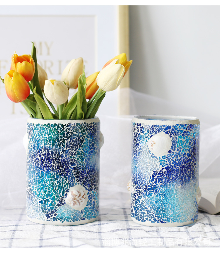 北欧清新马赛克玻璃花瓶摆件水培绿萝客厅餐桌样板间烛台插花装饰