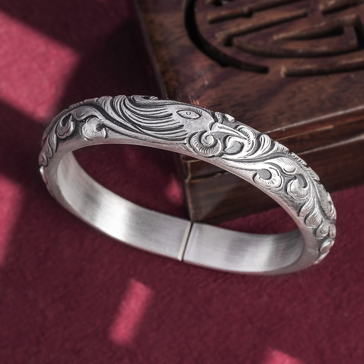 中国风 凤银手镯女s999足银活口镯子复古凤凰足银镯子饰品