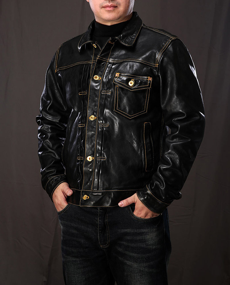 美式翻领506牛仔褶皱马皮皮衣 男女情侣款休闲摇滚机车真皮皮夹克