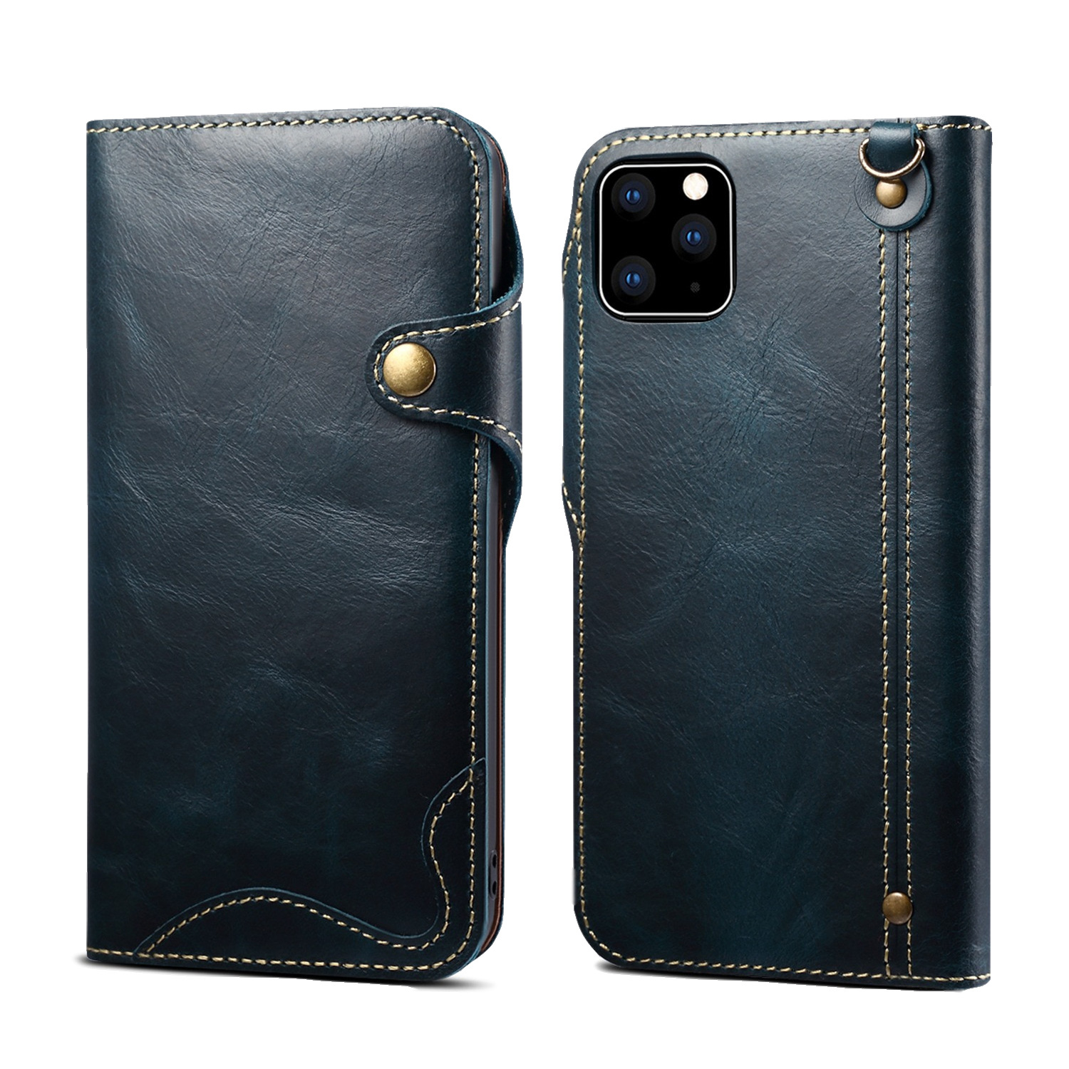 头层牛皮纽扣适用iphone12 pro手机套挂绳翻盖插卡苹果 12保护套