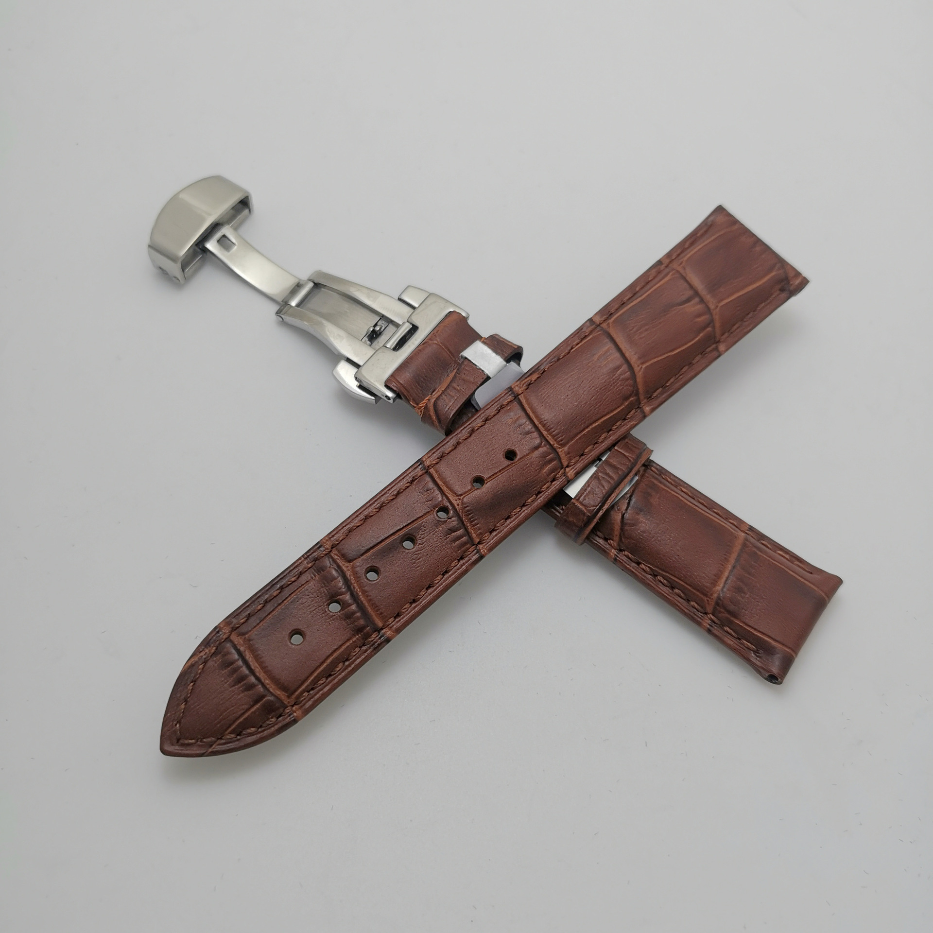 优质真皮表带 双按蝴蝶扣表带男女通用棕黑 高档真皮手表带