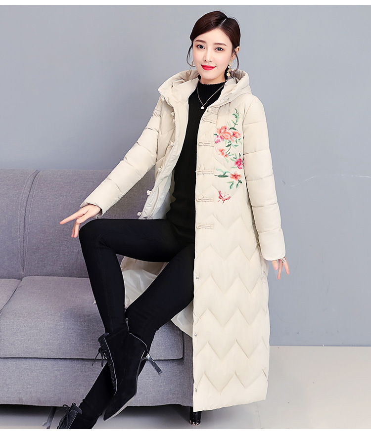 女式棉衣批发复古刺绣长款棉服女宽松绣花加厚女士棉袄一件代发