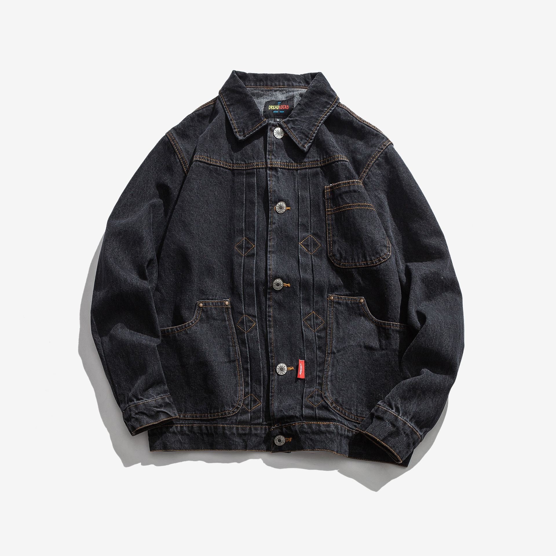 悟航2021春款翻领牛仔外套日系复古中性宽松情侣工装夹克男w16