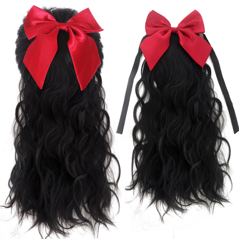 马尾假发女长发蝴蝶结假发马尾水波纹绑带式中长发假马尾卷发辫子