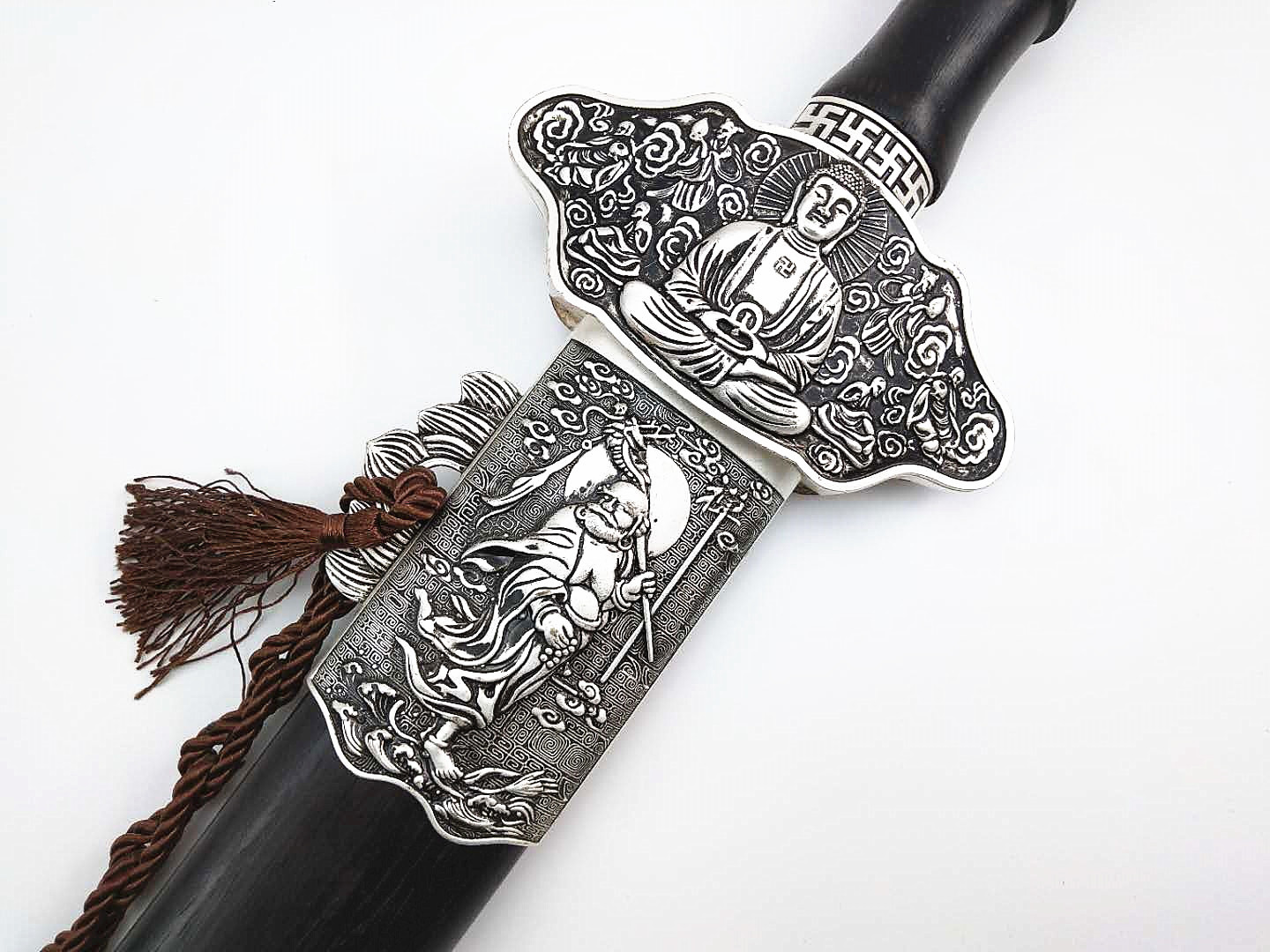 龙泉宝剑 镇宅辟邪装饰剑佛教 黑木碳钢镏银金刚剑 未开刃