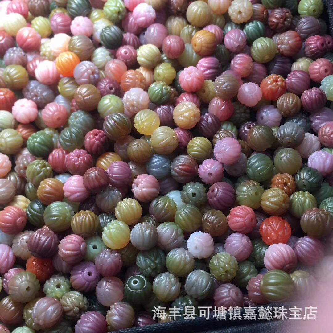 盐源玛瑙雕刻莲花珠成色干净无杂裂颜色多彩粉嫩