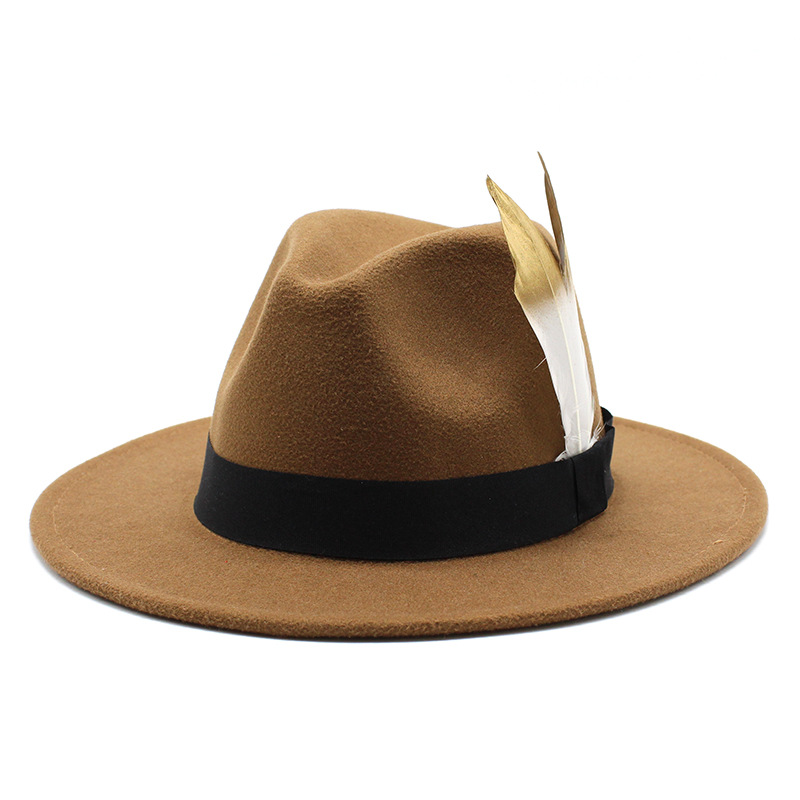 跨境欧美潮流宽檐帽子毛呢礼帽百搭羽毛平沿爵士帽欧美英伦风