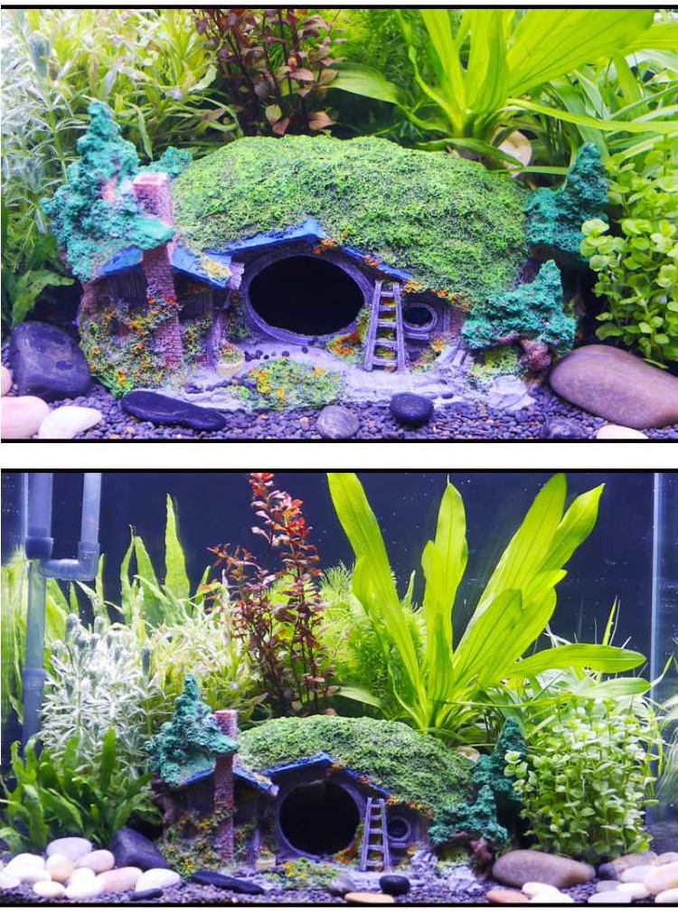 鱼虾躲避屋 鱼缸装饰霍比特水族箱造景假山石桥摆件仿真树脂摆件