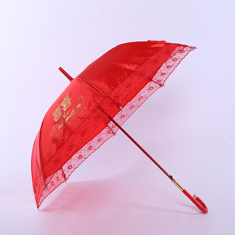 Creative Style Wedding Umbrella Red Satin Gilding Xi Decorations Long Bing Bridal Umbrella Plastic Straight Bing Red Umbrella Wholesale