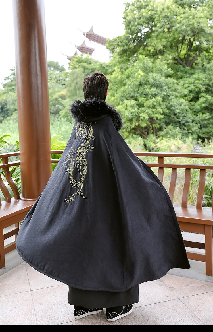 原创秋冬男装连帽汉服斗篷武侠风长款风衣黑色加绒保暖大毛领外套