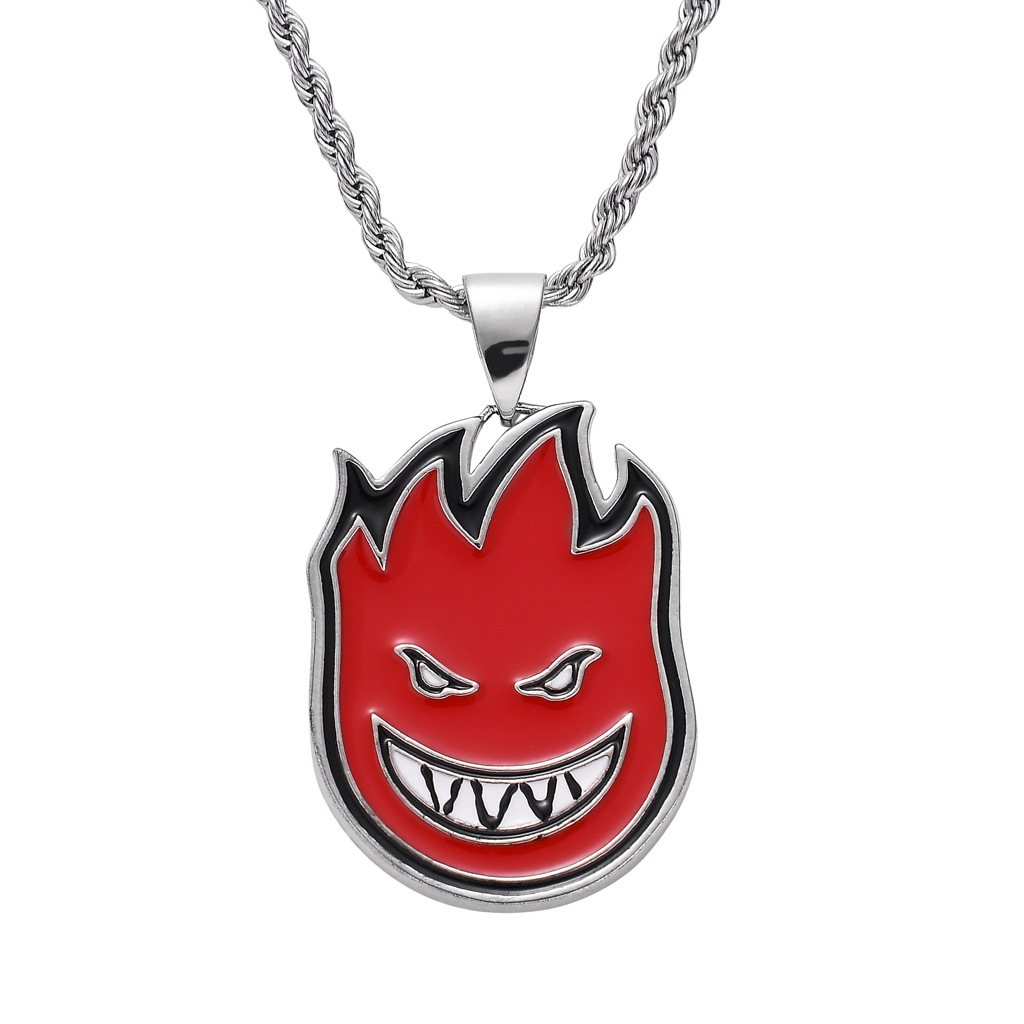 ebay新款欧美卡通双面小火人彩锆石吊坠项链街头个性嘻哈饰品