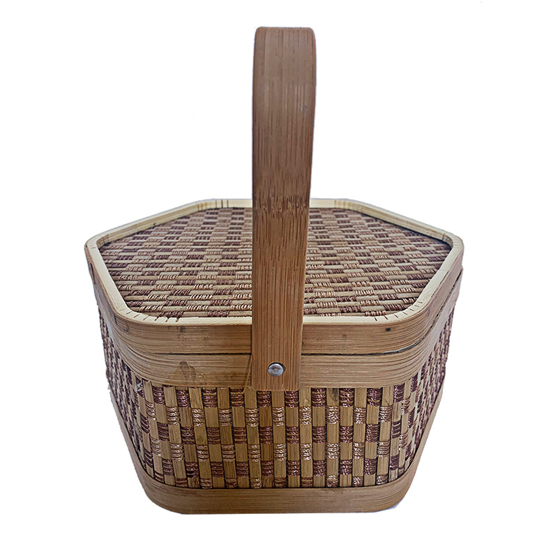 安吉竹篮子六角带盖竹篮子手提月饼盒竹篮竹编篮大闸蟹礼篮