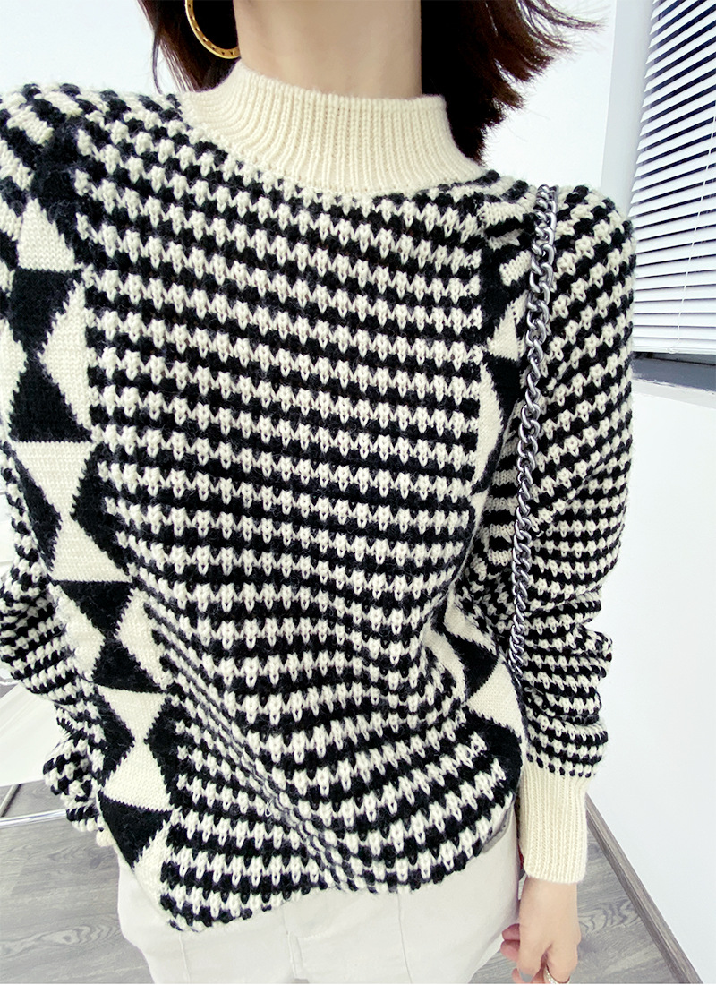 新款千鸟格毛衣女秋冬半高领宽松长袖套头格子羊毛针织衫加厚