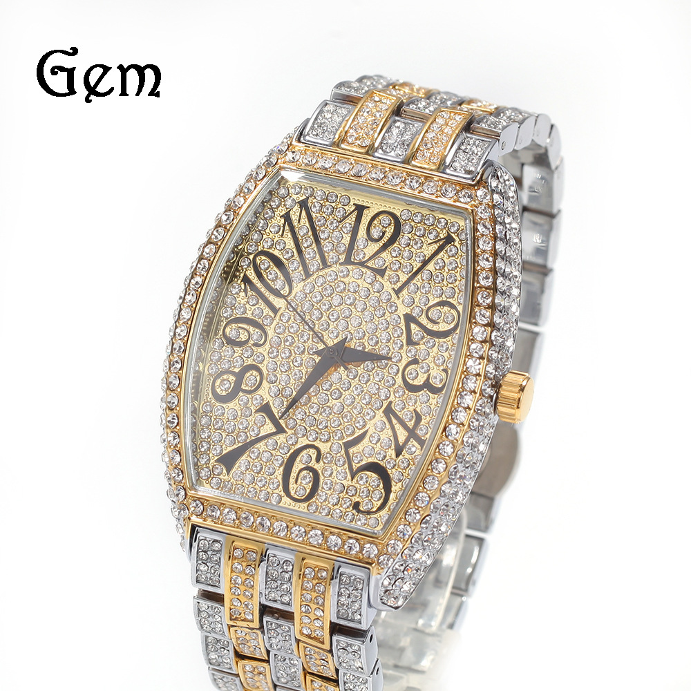 欧美时尚满钻酒桶形大表盘男士手表休闲嘻哈新款多色手表一件代发