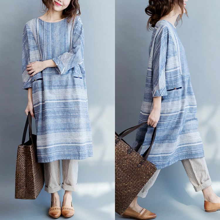 op#5878新品韩版文艺简约时尚条纹七分绣棉麻直筒连衣裙