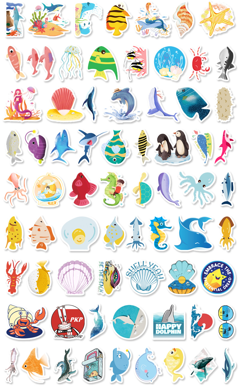 100张海洋系生物卡通装饰贴纸平板电脑滑板车机车汽车不干胶贴纸