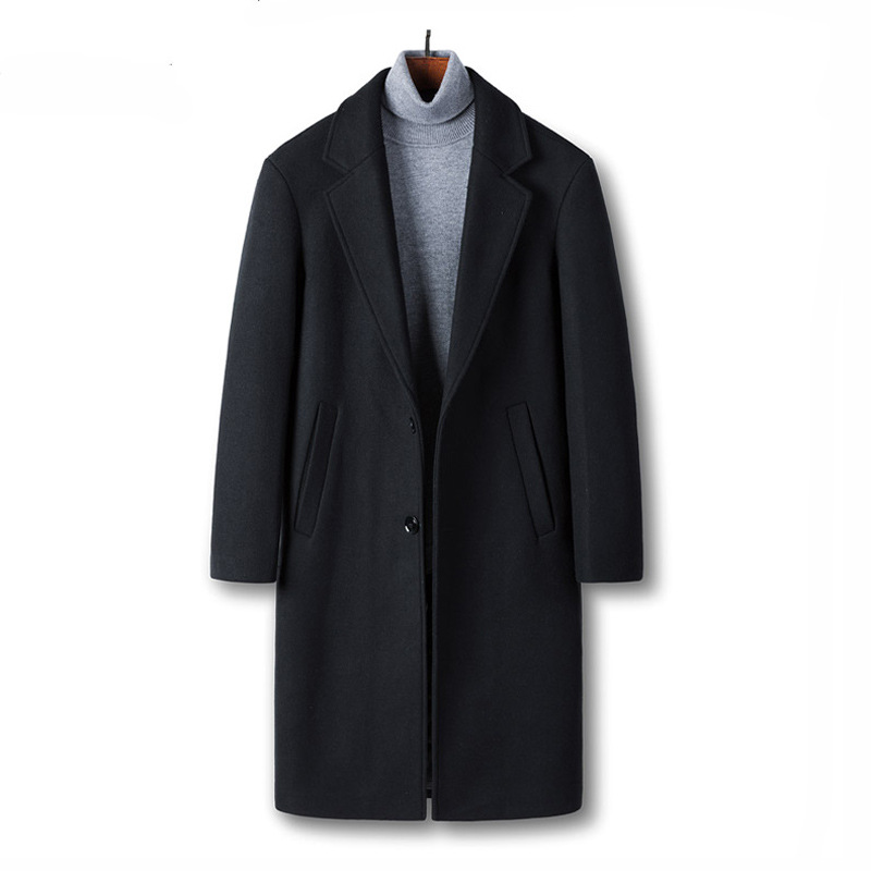 Woolen Coat Winter New Korean Style Men's Casual Mid-Length Coat Slim Fit Solid Color Suit Trench Coat Men