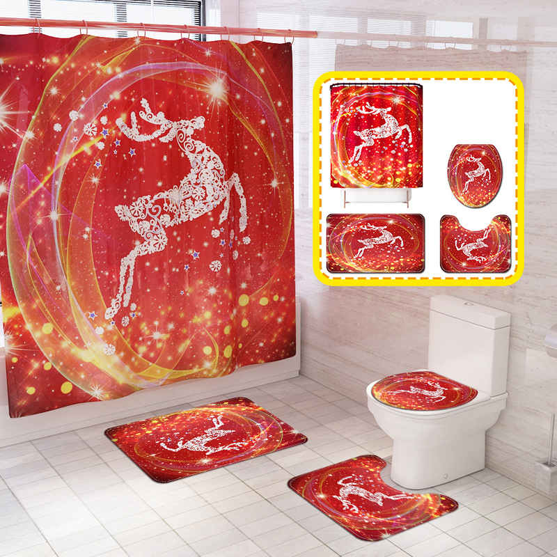 Christmas Elk Car Printing Waterproof Shower Curtain Carpet Four-Piece Set Toilet Mat Set Cross-Border Overseas Warehouse Exclusive