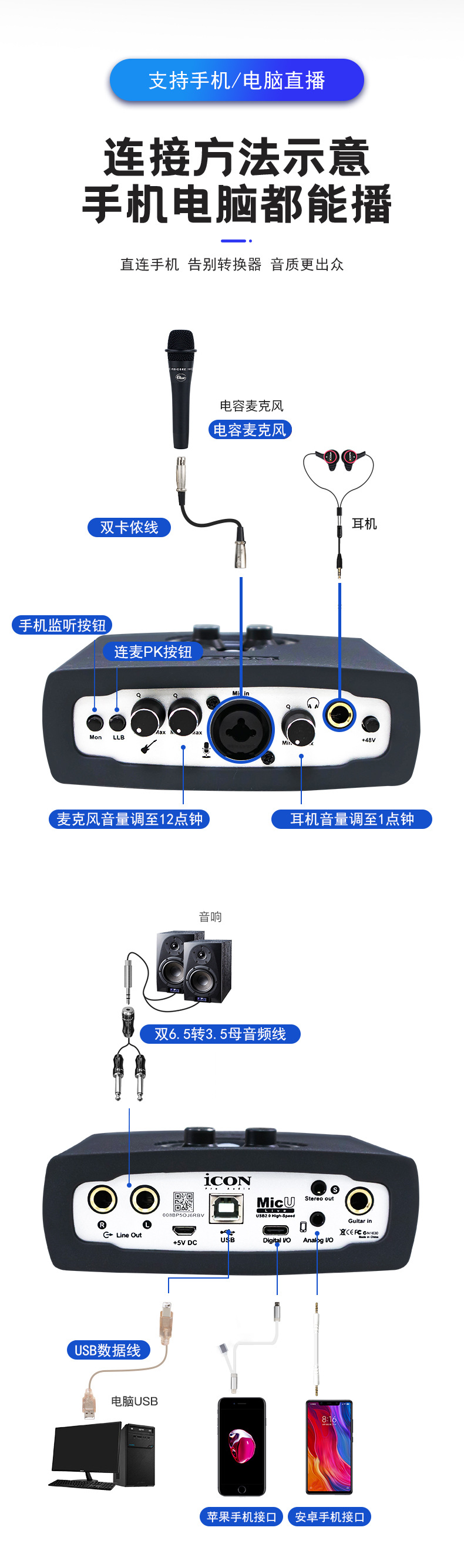 icon/艾肯micu live外置usb声卡套装手机直播 台式机电脑声卡