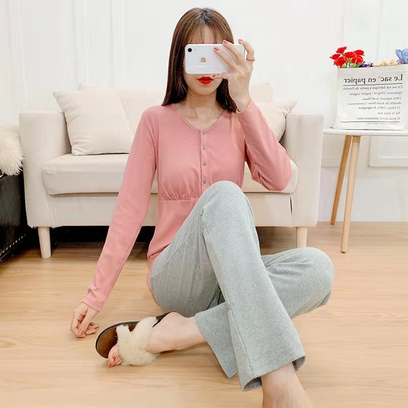 Cotton Thickened Large Size Confinement Clothing Maternity Clothes Front Buckle Long Sleeve Home Wear Pajamas Pajama Pants Suit Straight-Leg Pants Mixed