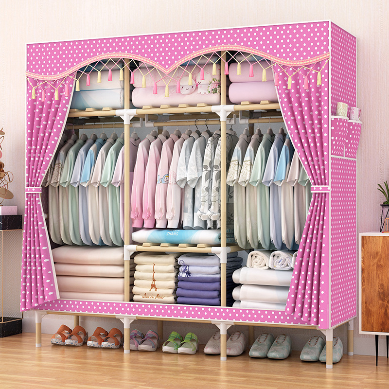 组装用衣柜布出租房家用艺布衣柜简易柜橱网实木加粗宿舍红布收纳