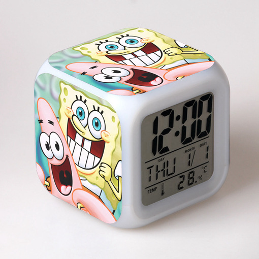 外贸电商货源卡通海绵宝宝闹钟儿童积分换购礼品七彩闹钟四方钟