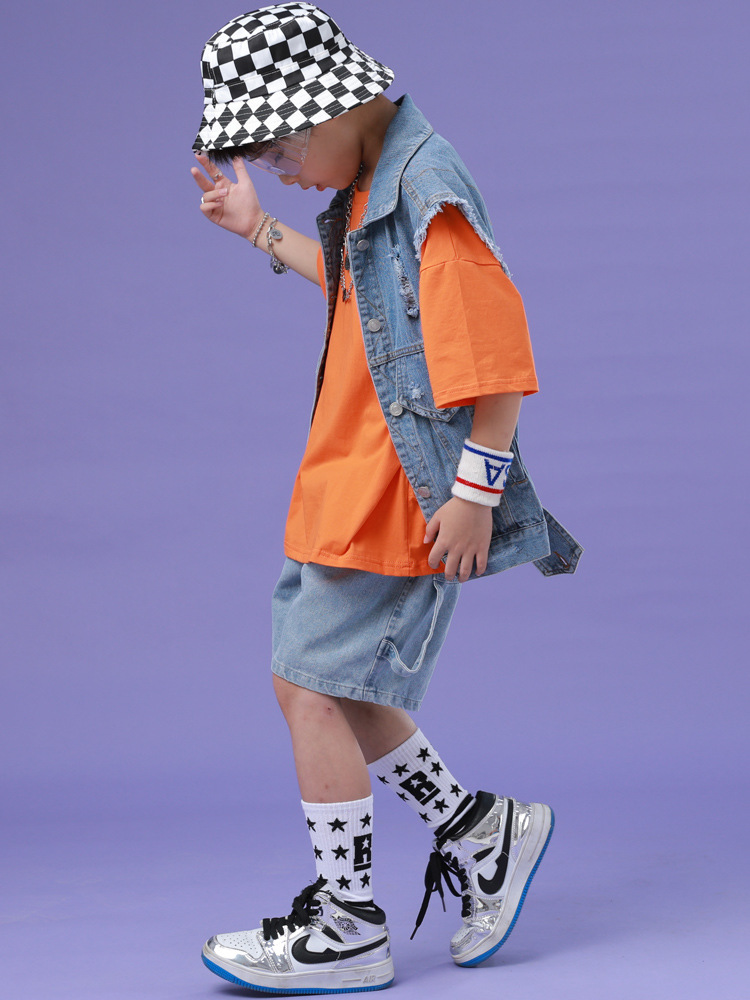 儿童街舞套装男童hiphop帅气牛仔马甲bboy演出服少儿个性走秀潮服