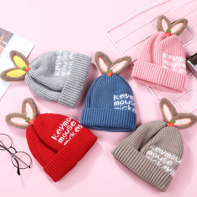 Children's Woolen Cap Autumn and Winter Keep Baby Warm Knitted Hat Cute Rabbit Ears Pullover Hat Outdoor Protection Wind-Proof Hat