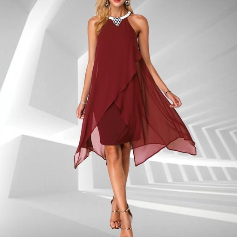 时尚女o型无袖不对称下摆双层膝盖长雪纺连衣裙