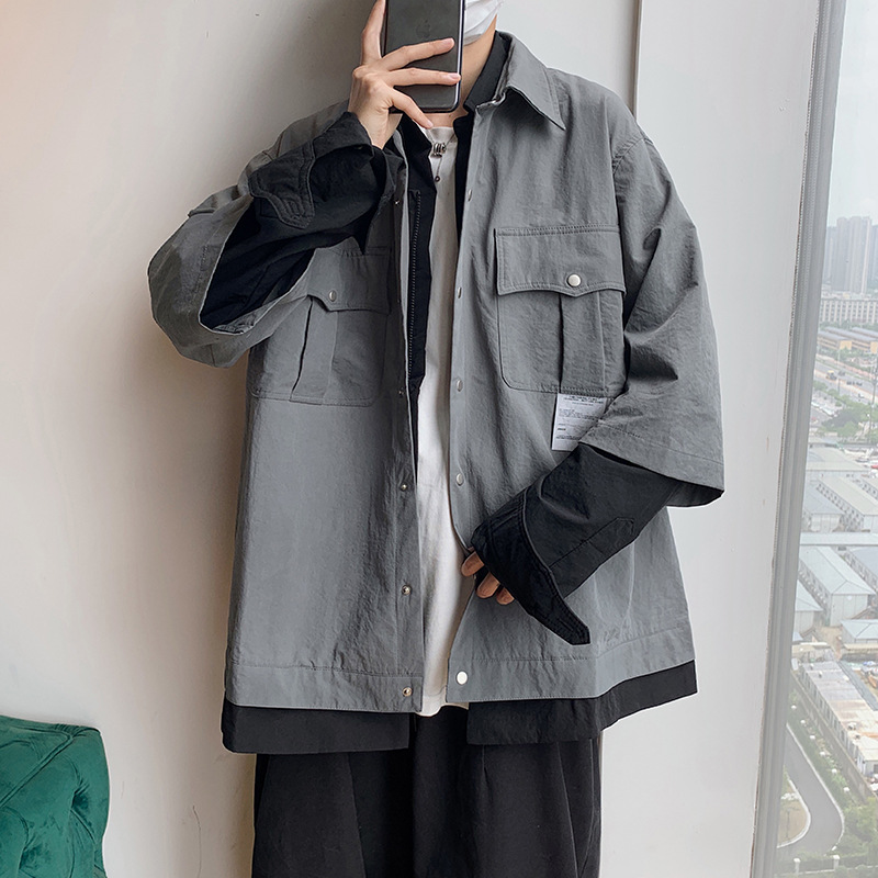 2020秋装新款男式男装港风宽松休闲假两件大码工装夹克外套上衣潮