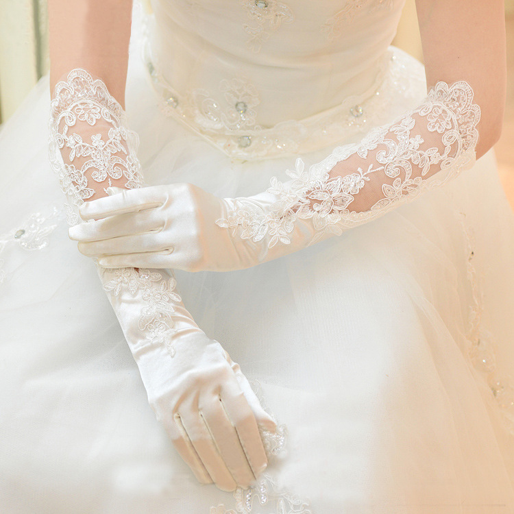 2020 New Bridal Wedding Dress Gloves Evening Banquet Satin Long Lace Embroidery Sequined Gloves Wholesale