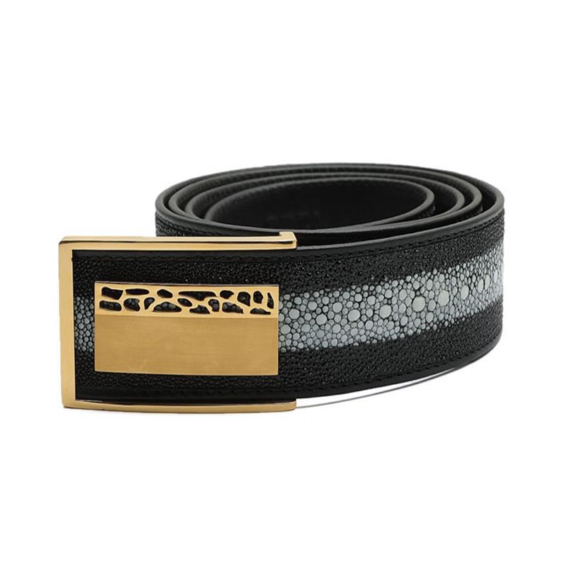 泰国珍珠鱼皮皮带魔鬼鱼配牛皮皮腰带平滑扣裤带中青年