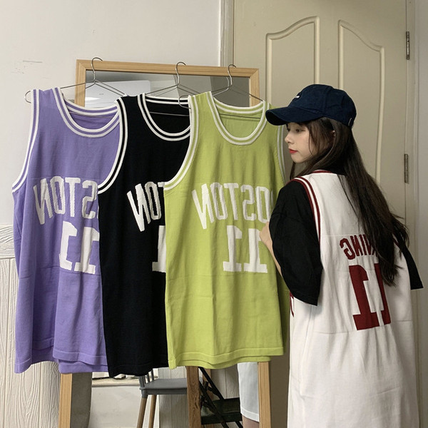球衣女宽松外穿韩版篮球背心bf风泫雅风球服中长款无袖t恤上衣ins