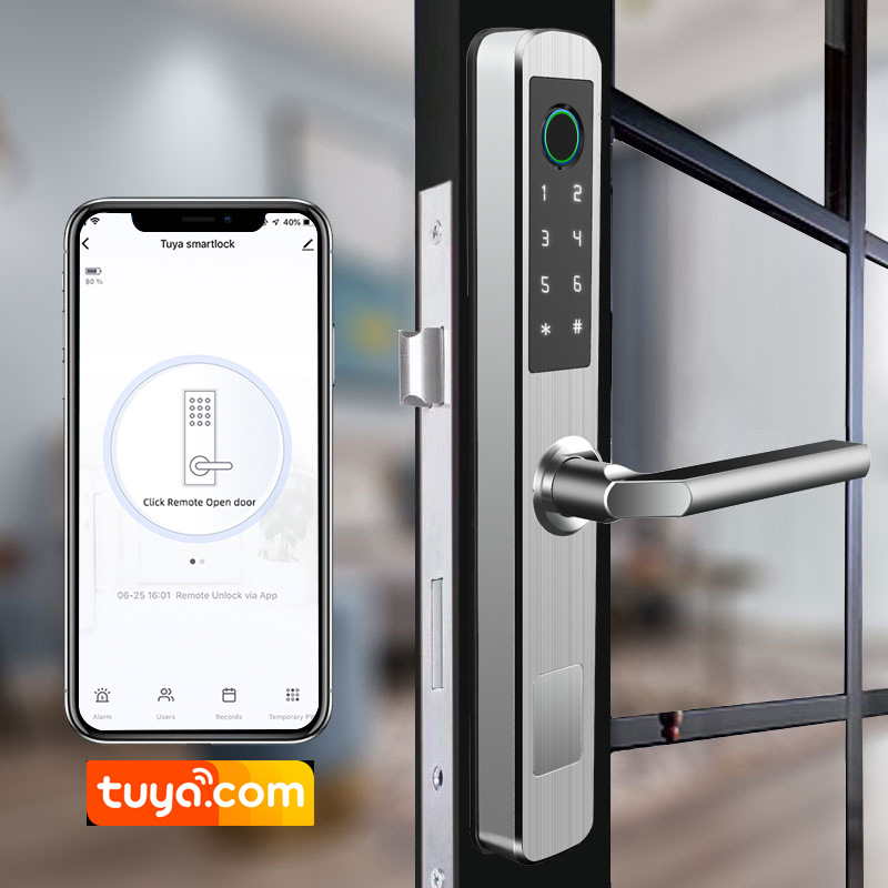 断桥铝指纹锁涂鸦zigbee庭院门防水双面锁移门锁tuya smart lock