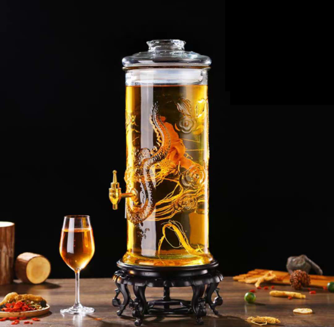广口泡酒玻璃瓶加厚带龙头人参药酒瓶木底座龙图腾酒坛子10斤20斤