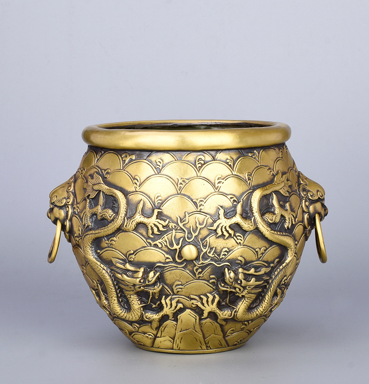 仿古纯铜缸大小号纯铜摆件龙纹聚宝盆双龙戏珠铜缸摆件