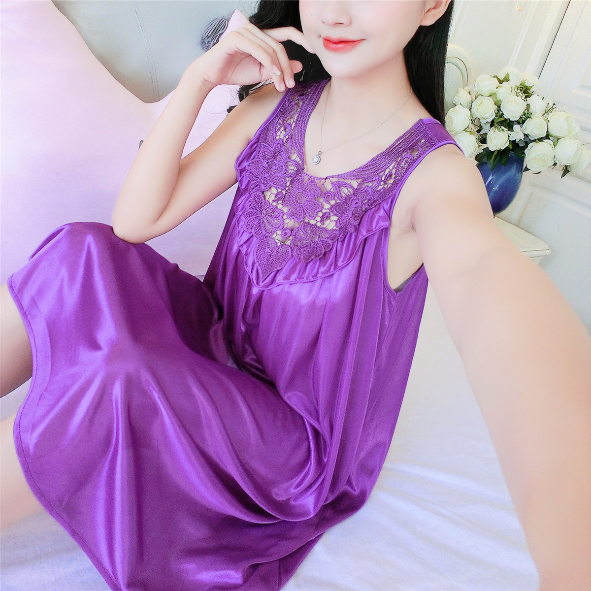 冰丝睡裙女蕾丝真丝睡衣夏丝绸性感吊带裙薄大码家居服