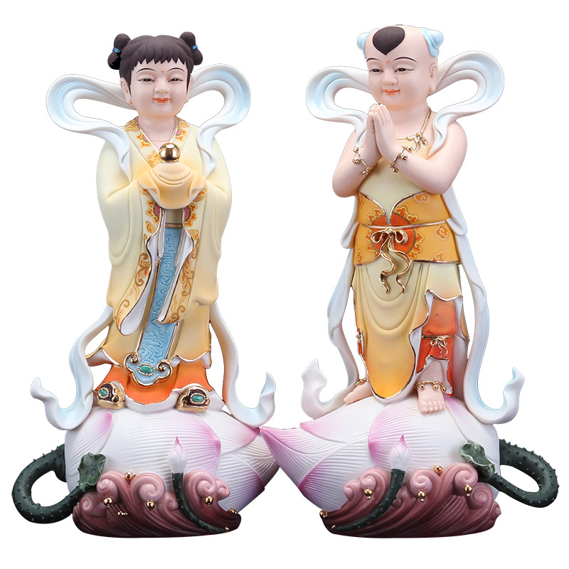 本器唐彩陶瓷金童玉女佛前摆件善财童子龙女佛像一对居家供奉招财