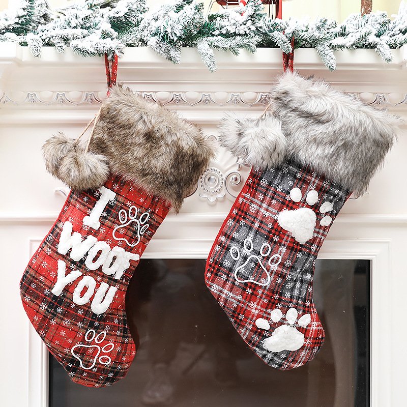 Mingguan New Christmas Decorations Christmas Dog's Paw Socks Pet Socks Fur Collar Plaid English Socks Christmas Tree Pendant