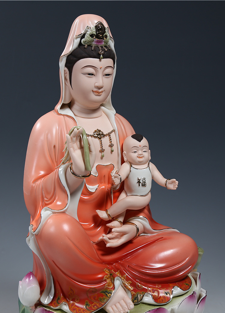 上美10至16吋水莲送子观音佛像供奉观世音菩萨家用佛堂陶瓷摆件