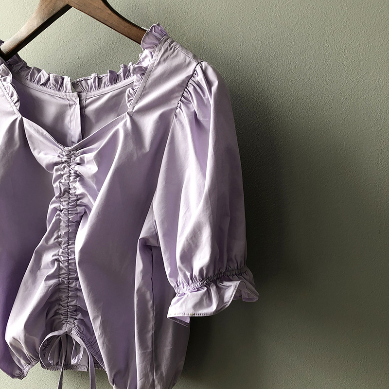 包邮夏季短袖方领娃娃衫女法式宫廷风泡泡袖短款上衣5685 紫藤花 xl