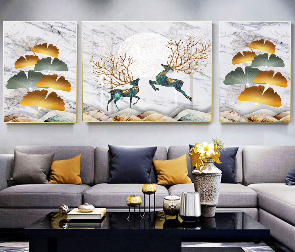 客厅装饰画麋鹿欧式ins风轻奢沙发背景墙晶瓷画镶钻画三联画壁画