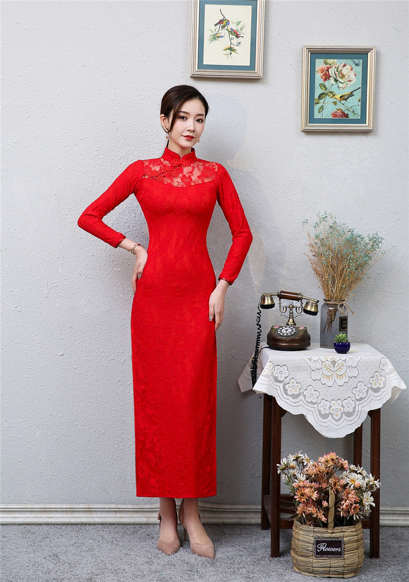女迎宾小姐旗袍 夏装长款旗袍 年会长袖红色中国风颁奖回娘家旗袍