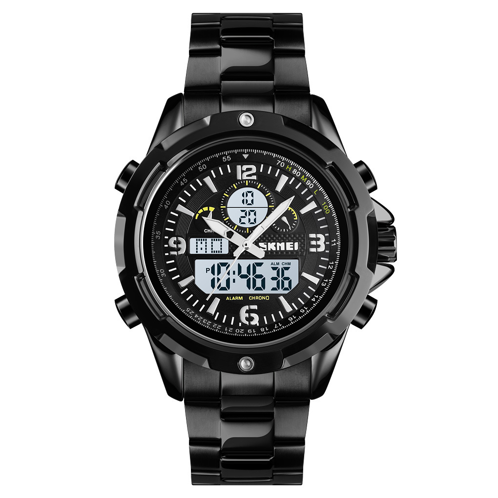 skmei时刻美男士腕表多功能时尚运动钢带夜光双显手表