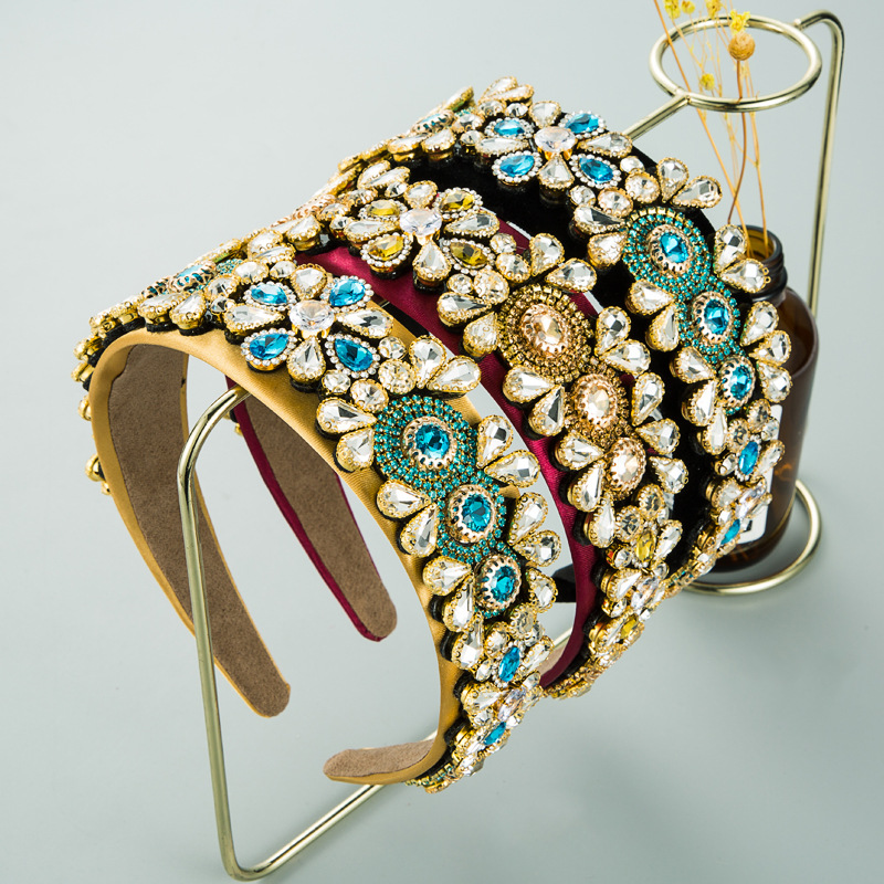 当季新款欧美个性纯色布艺镶钻花朵造型发箍复古巴洛克风宽边发饰